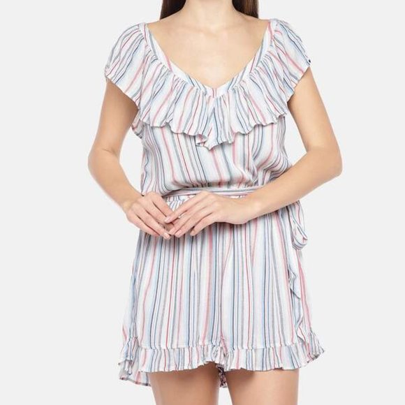 NEW American Eagle Striped Short Romper Jumpsuit Ruffles V-Neck Size Small NWOT - Picture 1 of 8